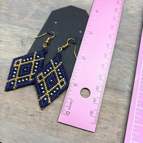Hand Beaded Diamond Drop Earrings in Blue and Gold, Native American Style, - Picture 6 of 9